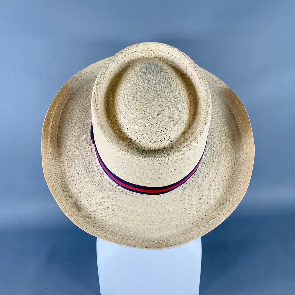 VINTAGE Size L Beige Navy Red Ribbon Trim Woven Straw Hat
